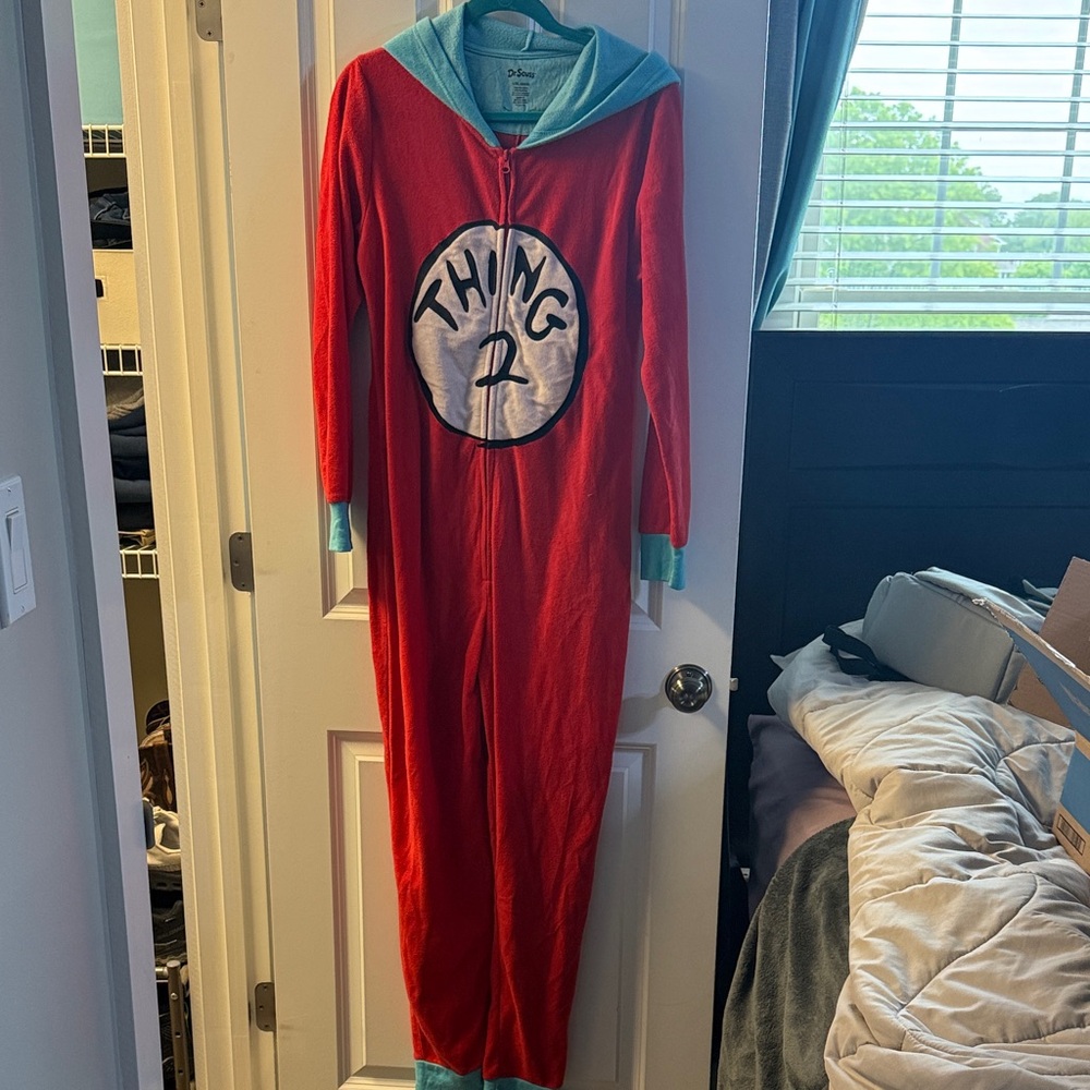 Thing 1 and thing 2 Red Onesie Pajamas with Light Blue Trim